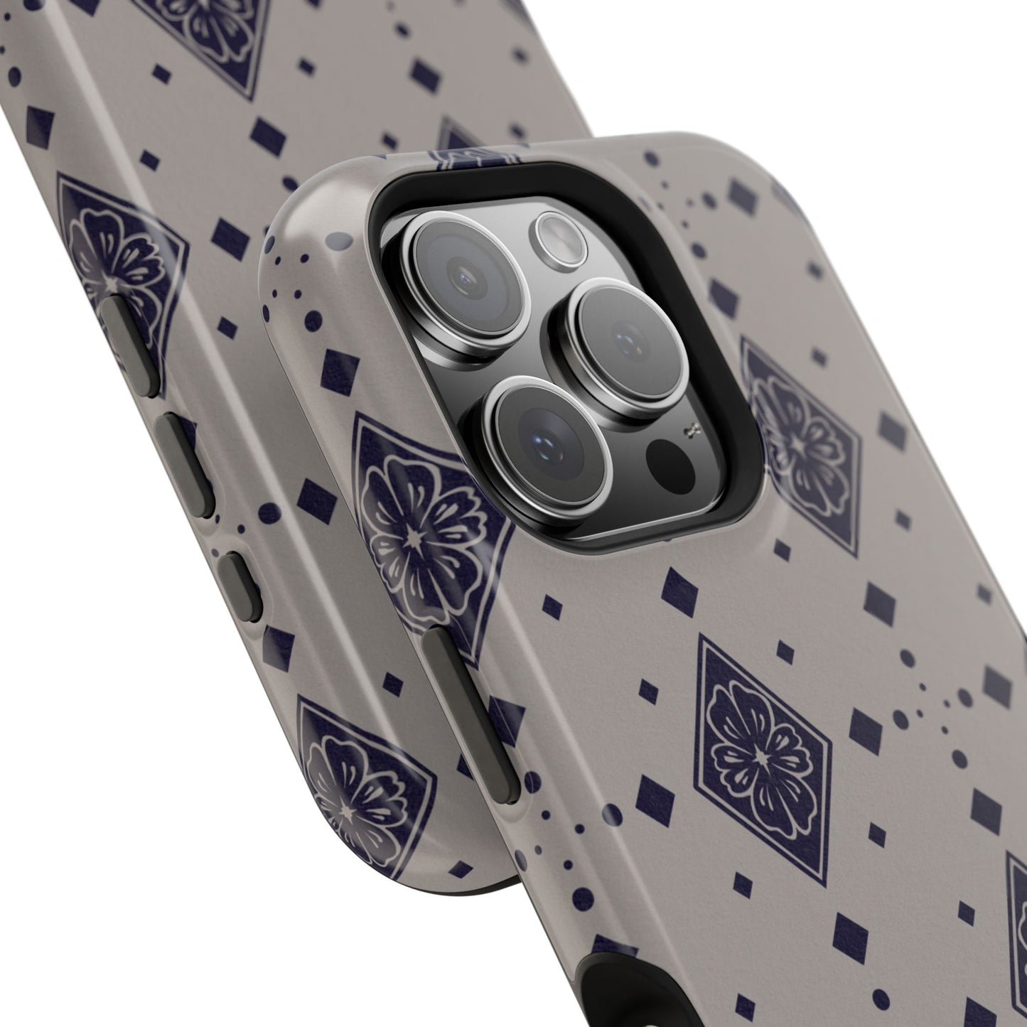 tan grey phone case with boho diamond flower motif pattern on camera ridge close up