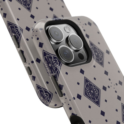 tan grey phone case with boho diamond flower motif pattern on camera ridge close up