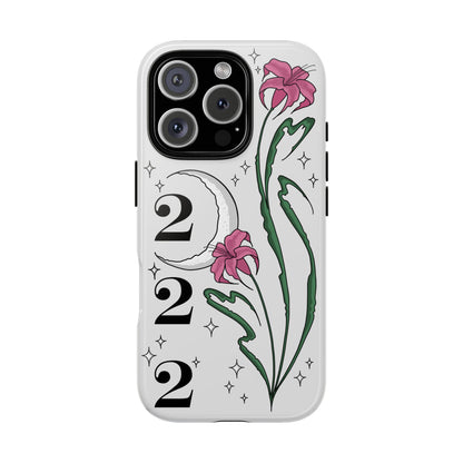 Phone case with pink lilies, crescent moon, 222 angel number on white background. twinkle stars Cute, aesthetic, protective design. Fits iPhone, Samsung & Google Pixel models. front view