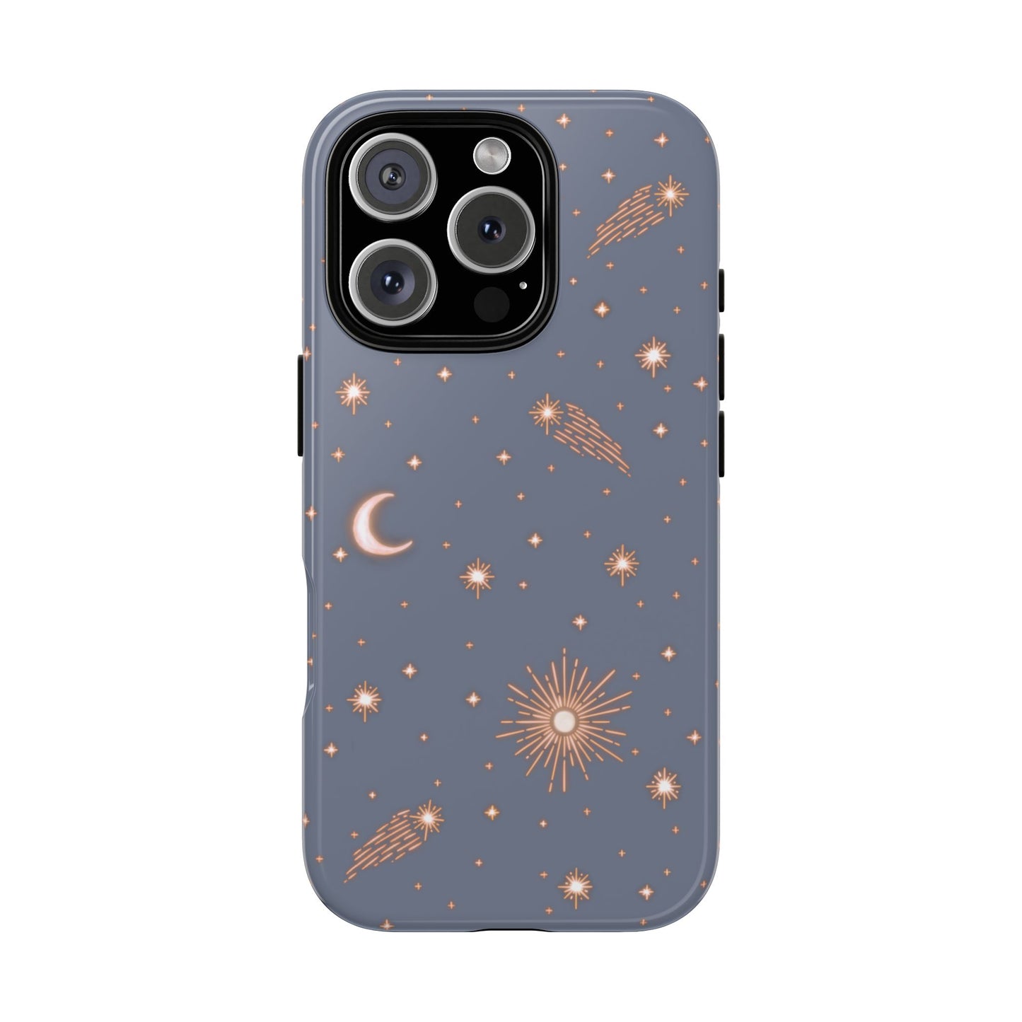 phone case with celestial sun, moon & shooting stars on purple blue background. Protective & stylish. Fits iPhone, Samsung & Google Pixel models. Boho chic, cute, and aesthetic; front view