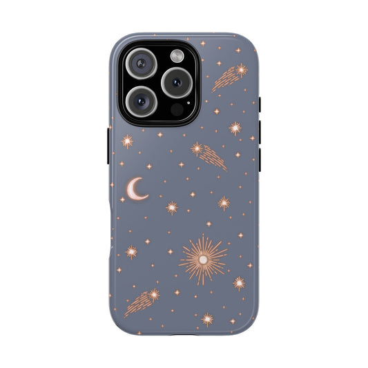 phone case with celestial sun, moon & shooting stars on purple blue background. Protective & stylish. Fits iPhone, Samsung & Google Pixel models. Boho chic, cute, and aesthetic; front view