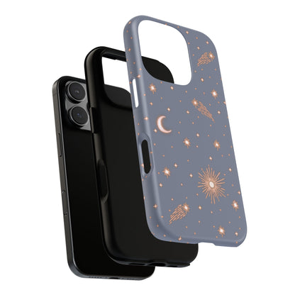 phone case with celestial sun, moon & shooting stars on purple blue background. Protective & stylish. Fits iPhone, Samsung & Google Pixel models. Boho chic, cute, and aesthetic layers