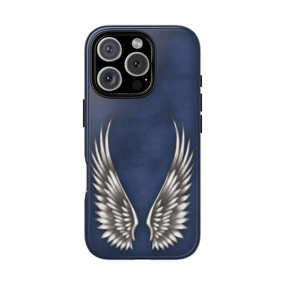 Phone case with white angel wings on blue background. cute, edgy, cool protective design. Fits iPhone, Samsung & Pixel. Perfect for boho chic outfit, front view