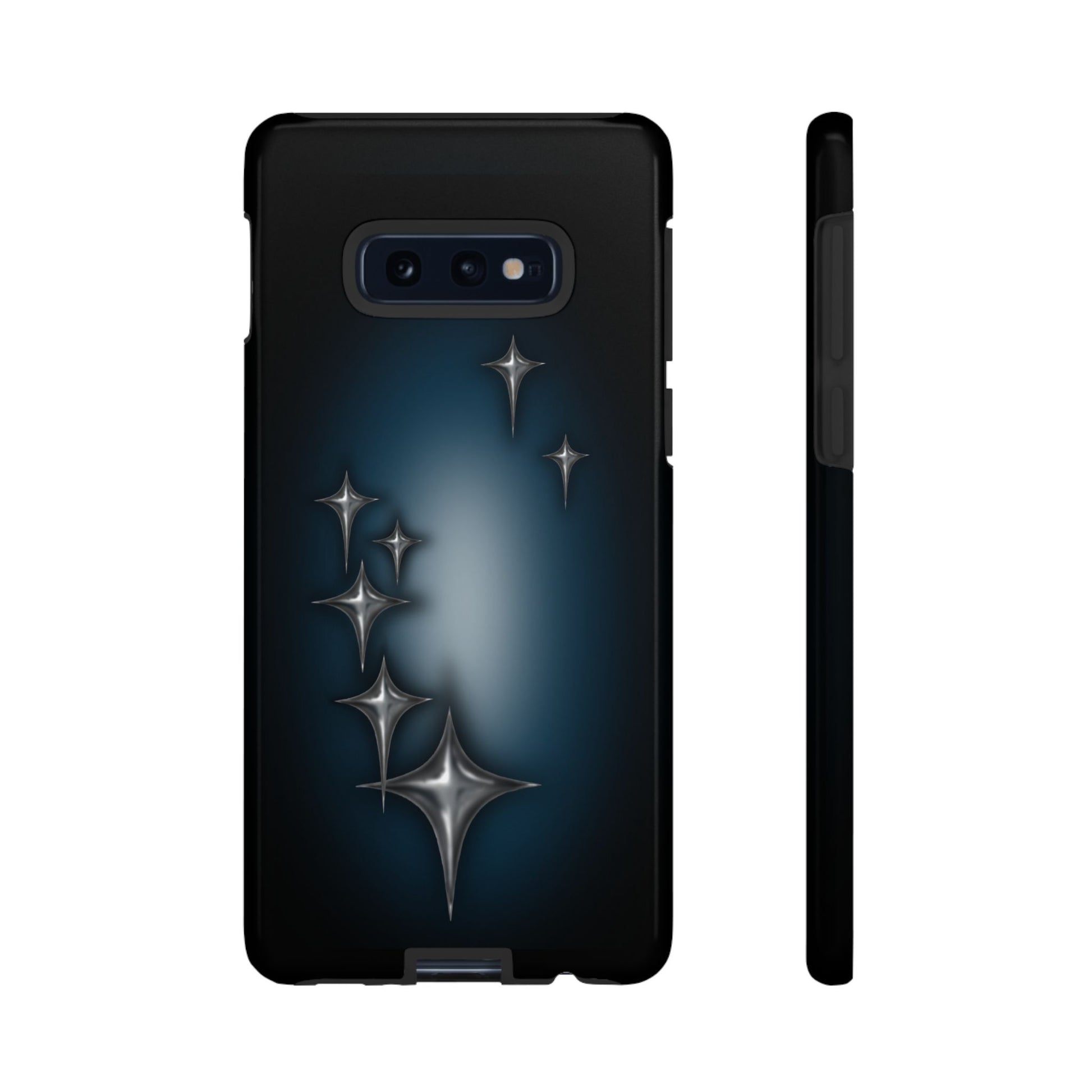 Star girl Samsung galaxy 10E blue, teal, black phone case with chrome stars design making a gothic, emo, edgy, unique phone case front view