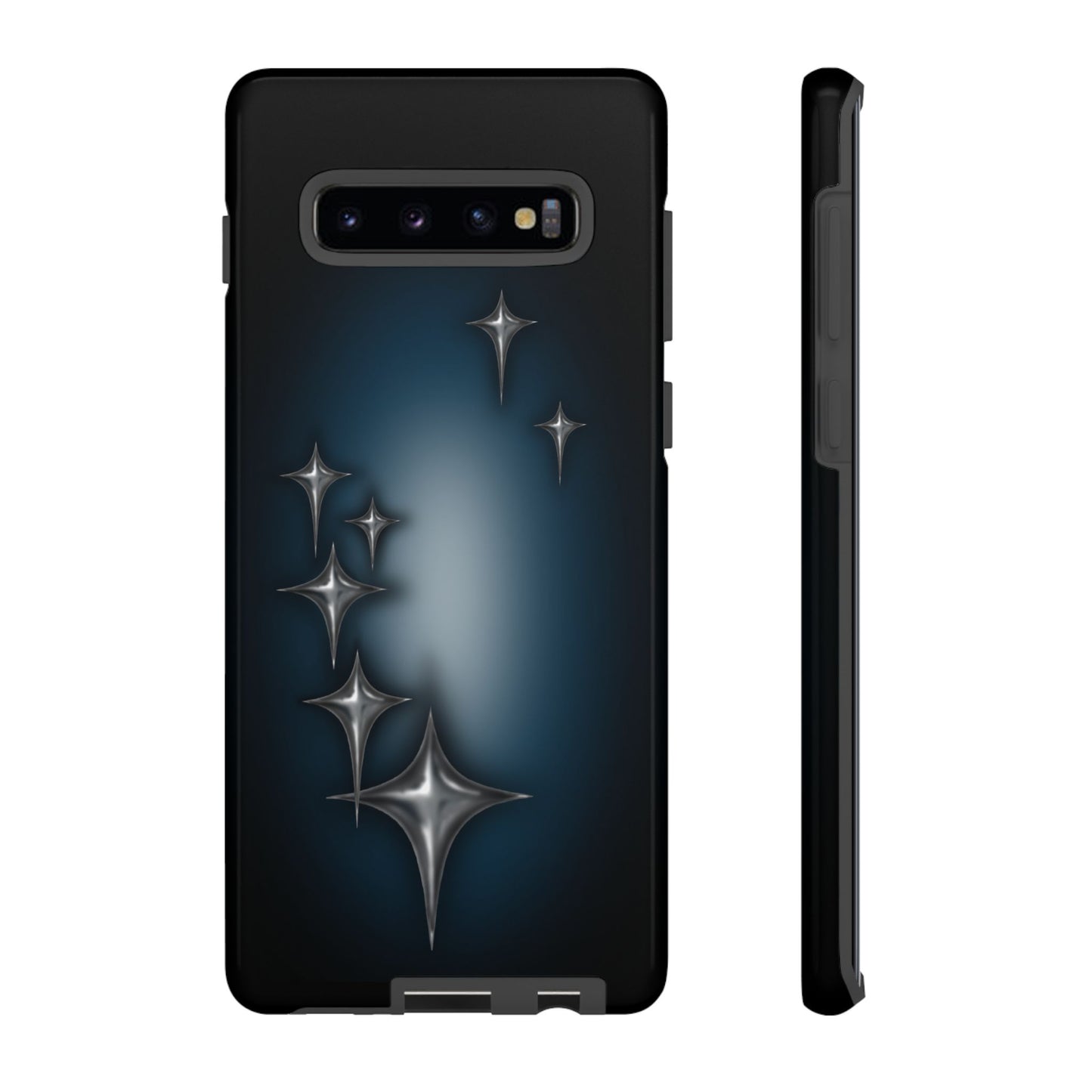 Star girl Samsung galaxy S10 plus blue, teal, black phone case with chrome stars design making a gothic, emo, edgy, unique phone case front view