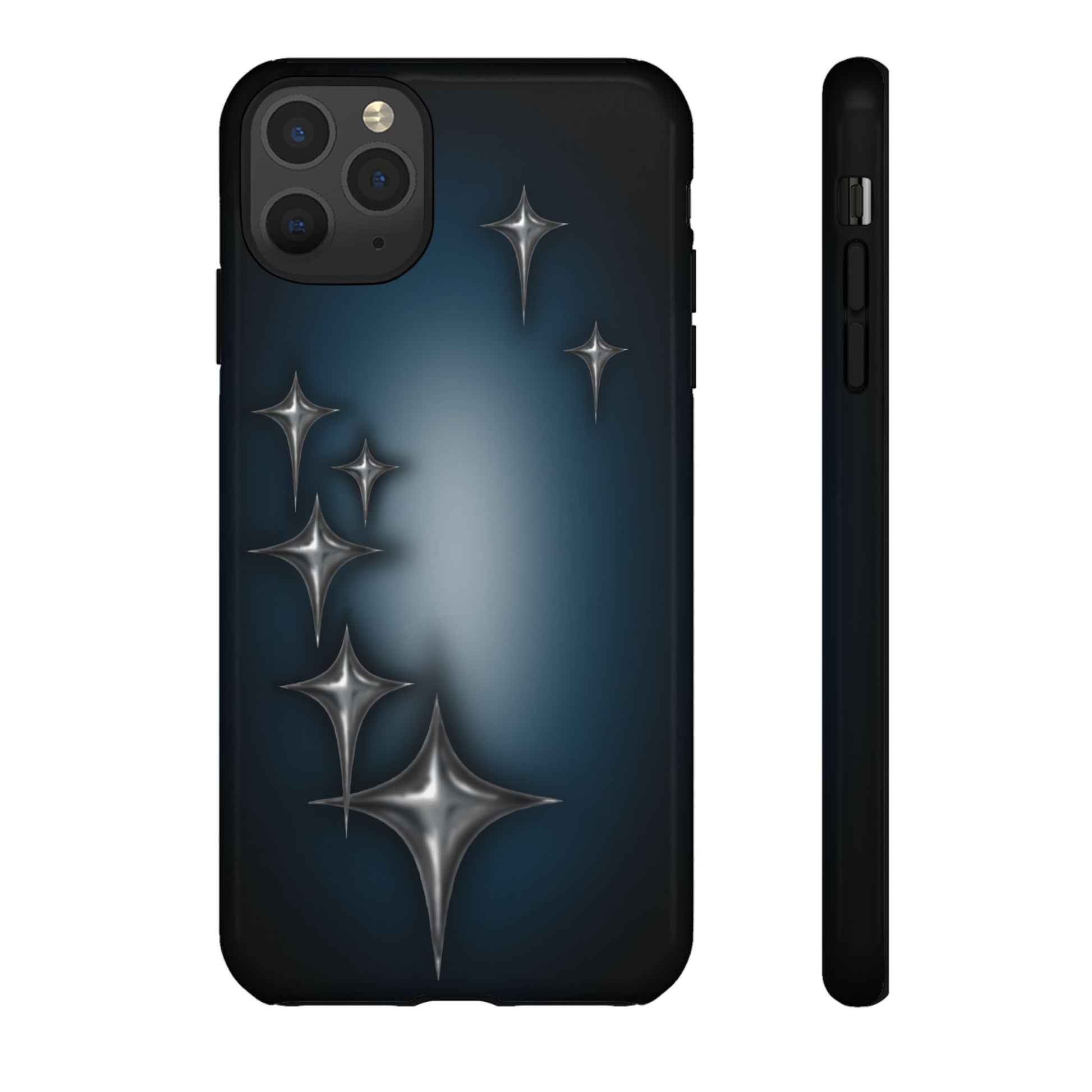 Star girl iPhone 11 Pro Max phone case blue, teal, black phone case with chrome stars design making a gothic, emo, edgy, unique phone case front view