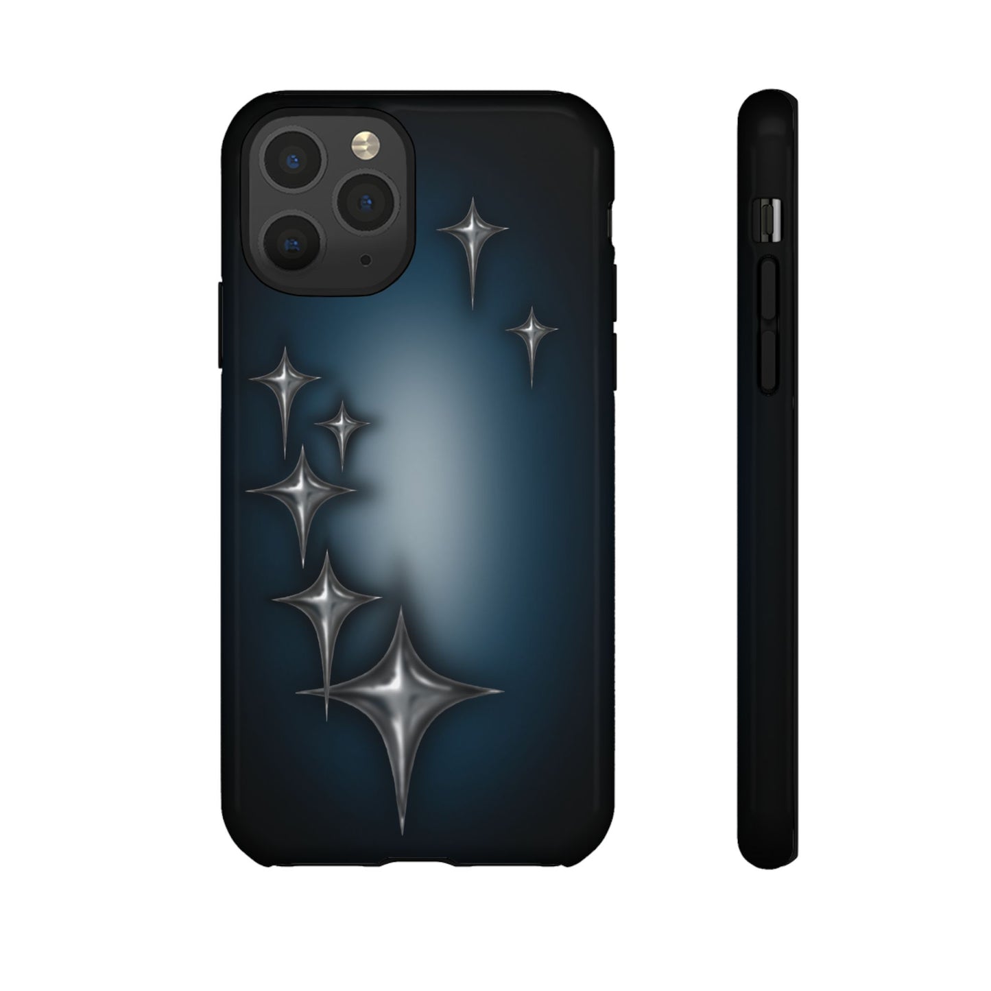 Star girl iPhone 11  pro phone case blue, teal, black phone case with chrome stars design making a gothic, emo, edgy, unique phone case front view