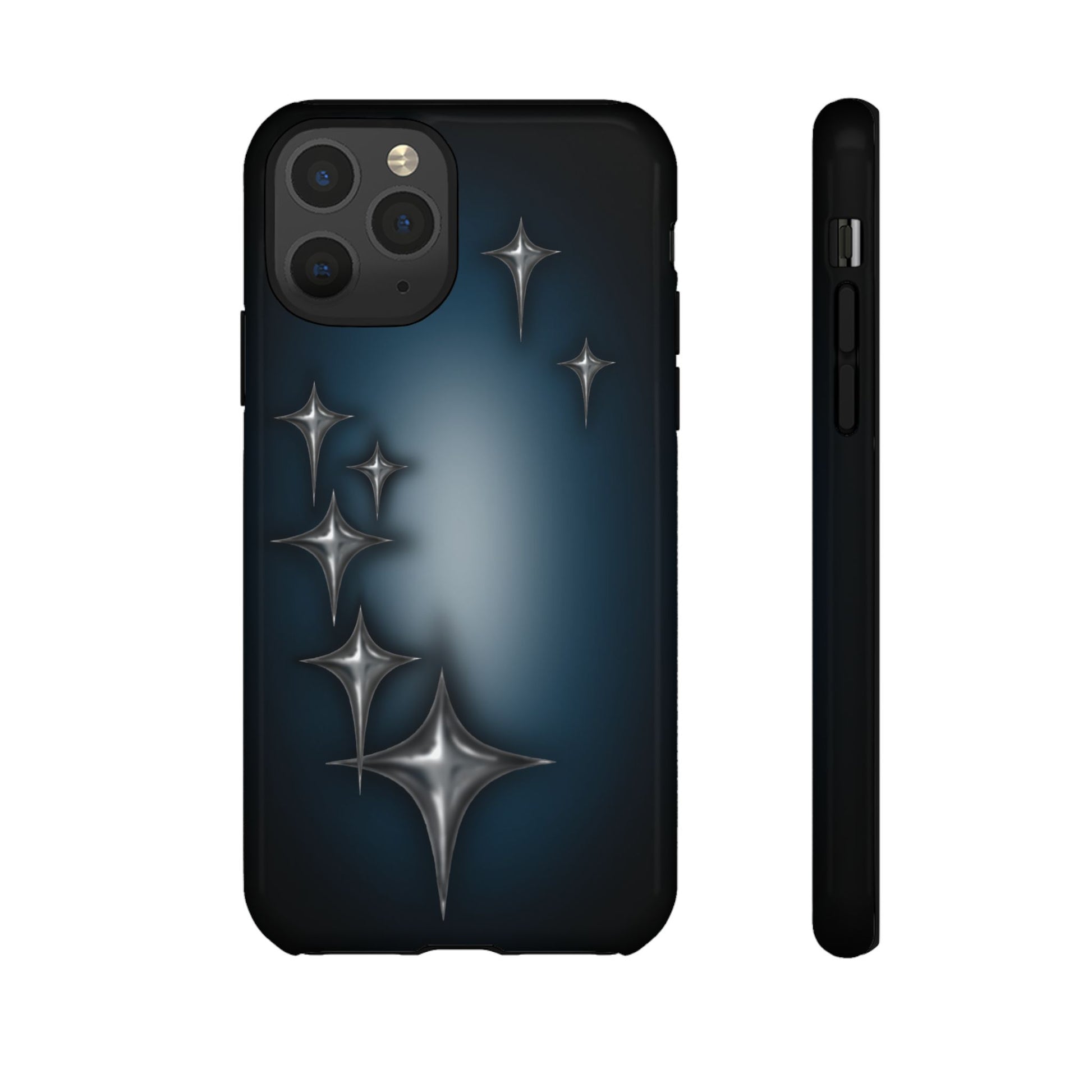 Star girl iPhone 11  pro phone case blue, teal, black phone case with chrome stars design making a gothic, emo, edgy, unique phone case front view