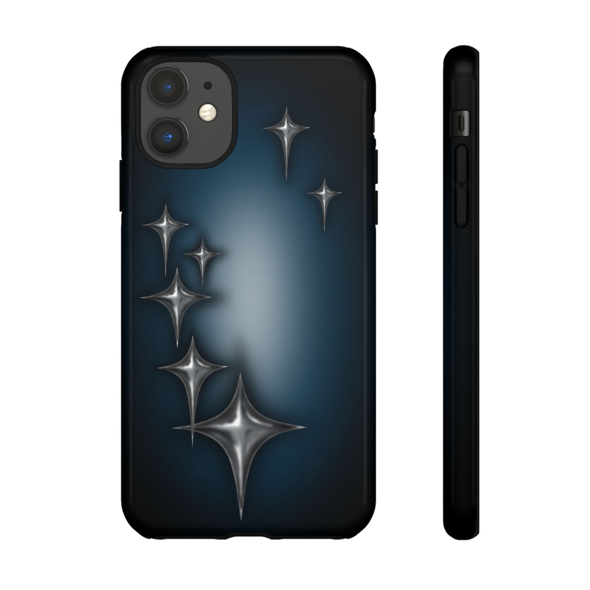Star girl iPhone 11  phone case blue, teal, black phone case with chrome stars design making a gothic, emo, edgy, unique phone case front view