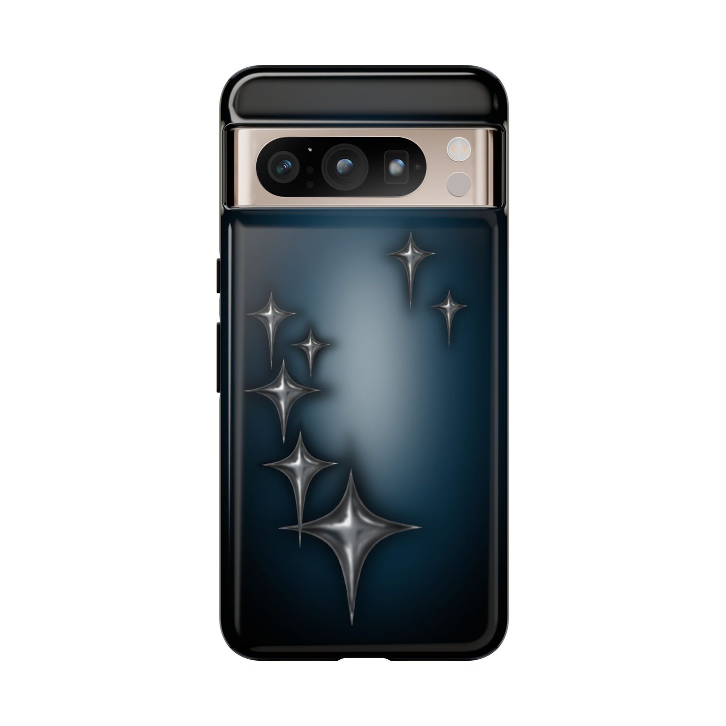 Star girl blue Google pixel 8 pro, teal, black phone case with chrome stars design making a gothic, emo, edgy, unique phone case front view