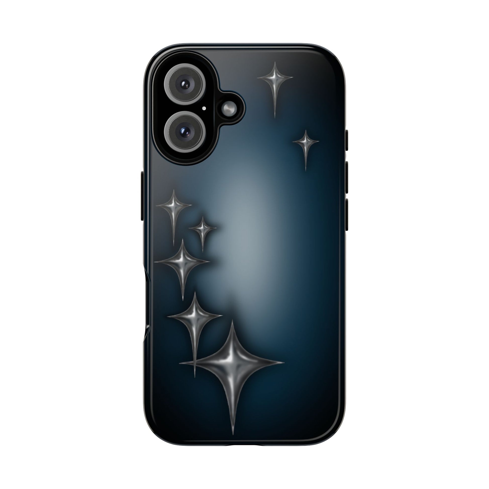 Star girl iPhone 16 phone case, teal, black phone case with chrome stars design making a gothic, emo, edgy, unique phone case front view