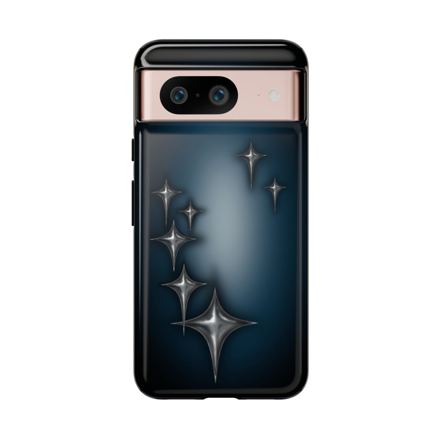 Star girl google pixel 8 blue, teal, black phone case with chrome stars design making a gothic, emo, edgy, unique phone case front view