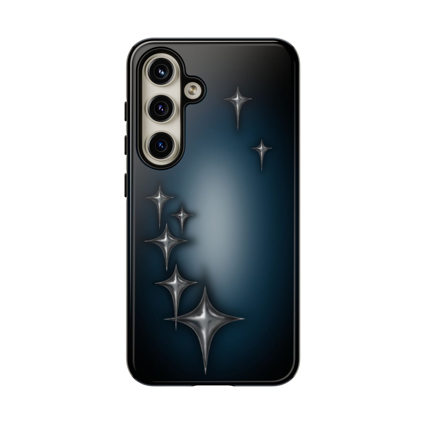 Star girl blue Samsung S24, teal, black phone case with chrome stars design making a gothic, emo, edgy, unique phone case front view