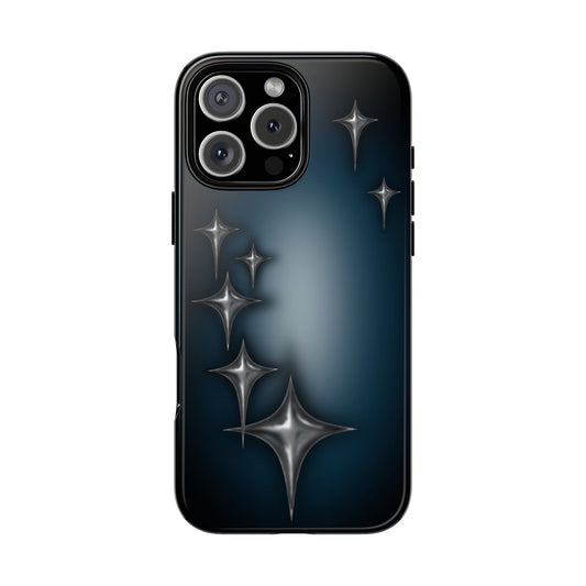 Star girl blue, teal, black phone case with chrome stars design making a gothic, emo, edgy, unique phone case iPhone 16 front view